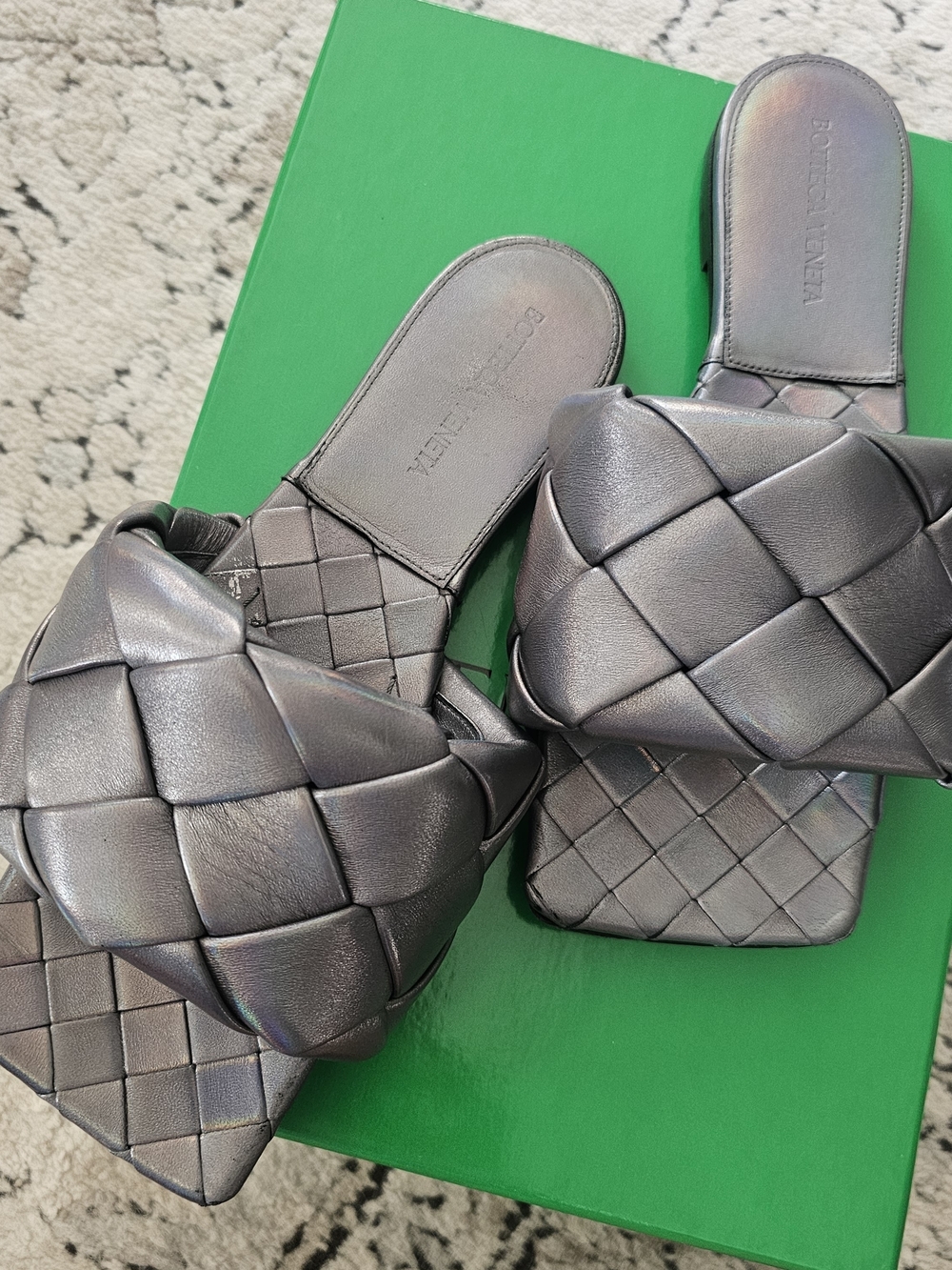 Bottega Veneta Metallic Charcoal Intrecciato Woven Slide Flats